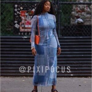 Zara Blue Long Sleeve Patchwork Dress